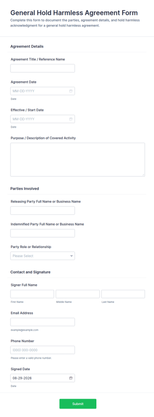 General Hold Harmless Agreement Form Template