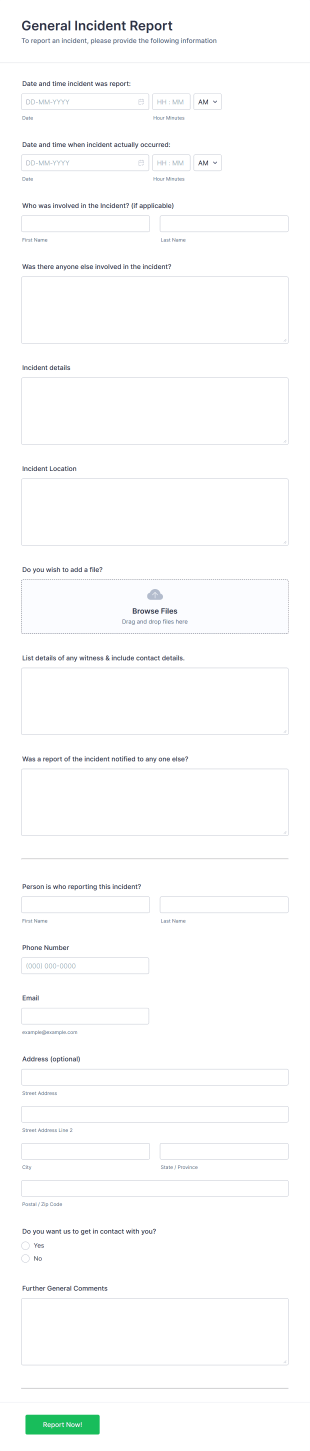 General Incident Report Form Template