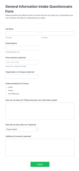 General Information Intake Questionnaire Form Template