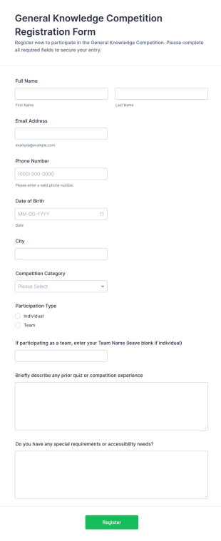 General Knowledge Competition Registration Form Template
