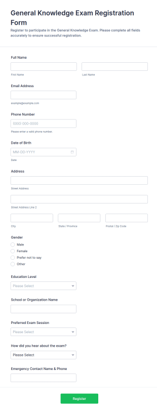 General Knowledge Exam Registration Form Template