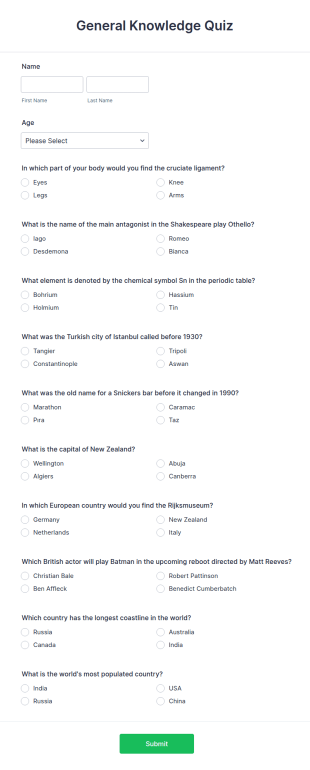 General Knowledge Quiz Form Template