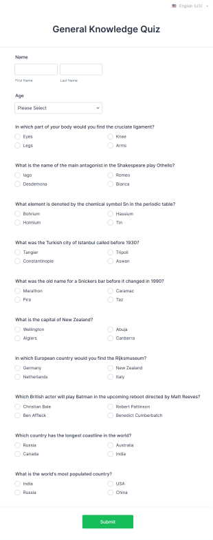 General Knowledge Quiz Form Template