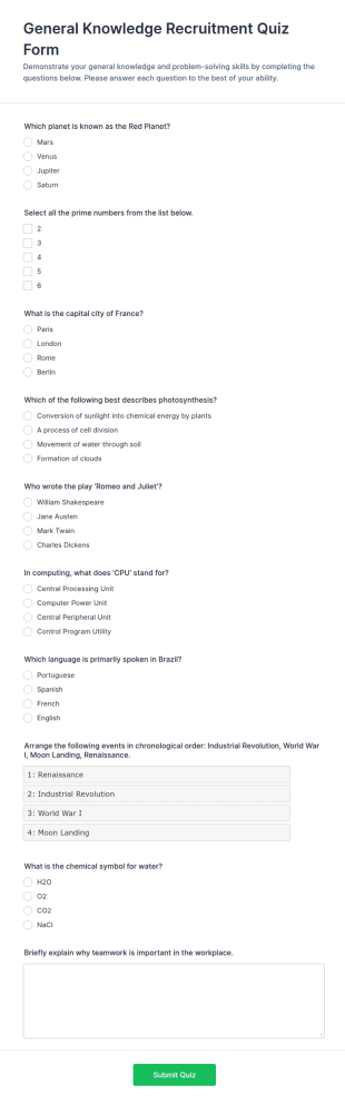 General Knowledge Recruitment Quiz Form Template