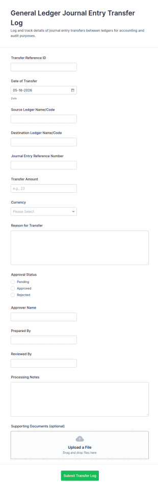 General Ledger Journal Entry Transfer Log Form Template