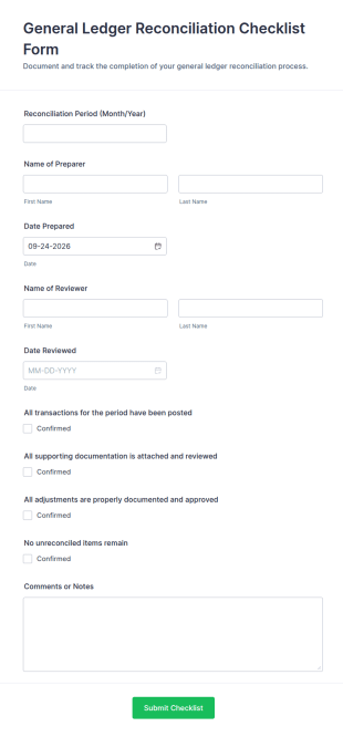 General Ledger Reconciliation Checklist Form Template