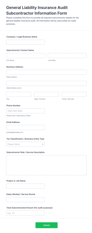 General Liability Insurance Audit Subcontractor Information Form Template