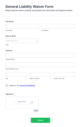 General Liability Waiver Form Template