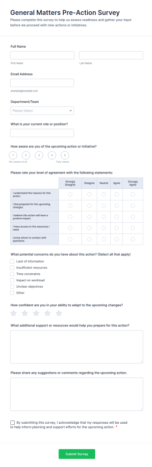 General Matters Pre Action Survey Form Template