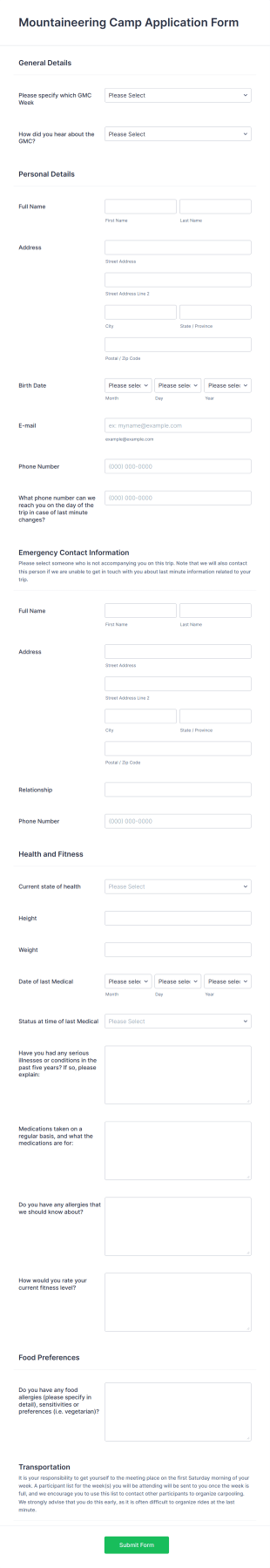 General Mountaineering Camp Application Form Template