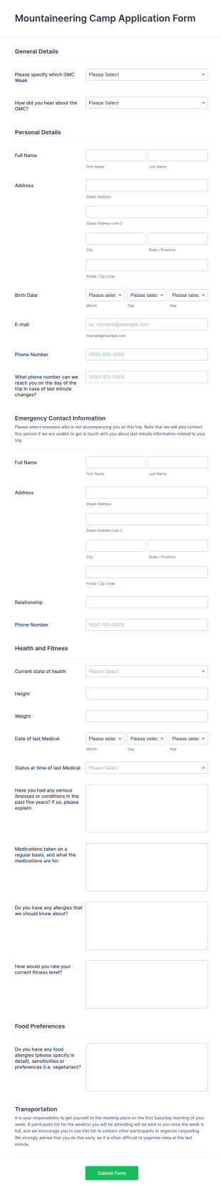 General Mountaineering Camp Application Form Template