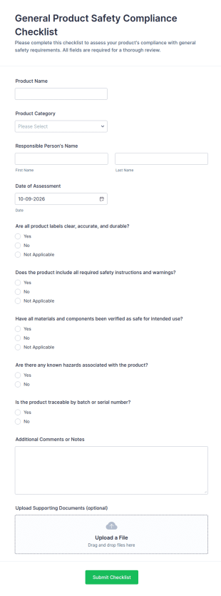 General Product Safety Compliance Checklist Form Template