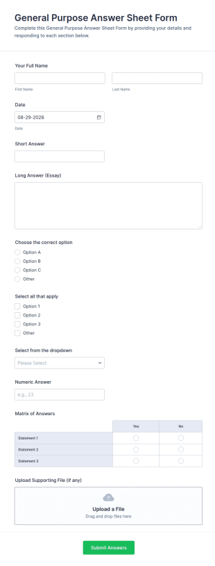 General Purpose Answer Sheet Form Template