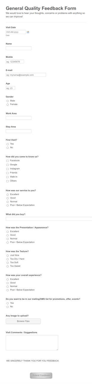 General Quality Feedback Form Template