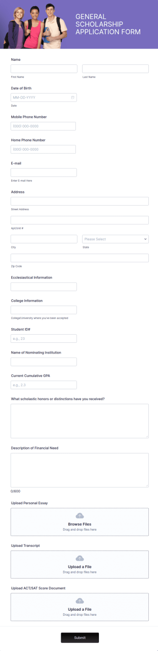 General Scholarship Application Form Template