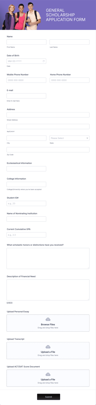 General Scholarship Application Form Template