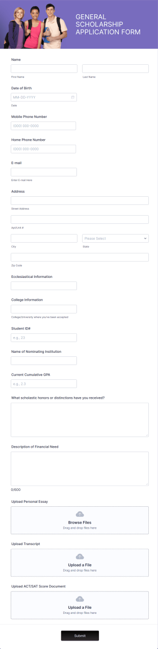 General Scholarship Application Form Template