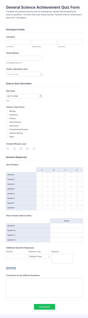 General Science Achievement Quiz Form Template