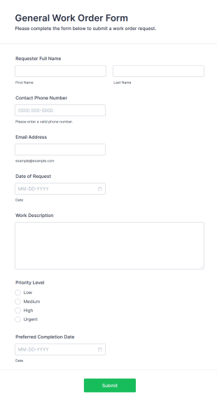 General Work Order Form Form Template