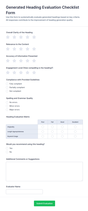 Generated Heading Evaluation Checklist Form Template