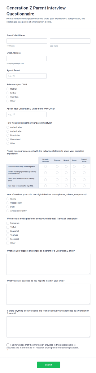 Generation Z Parent Interview Questionnaire Form Template