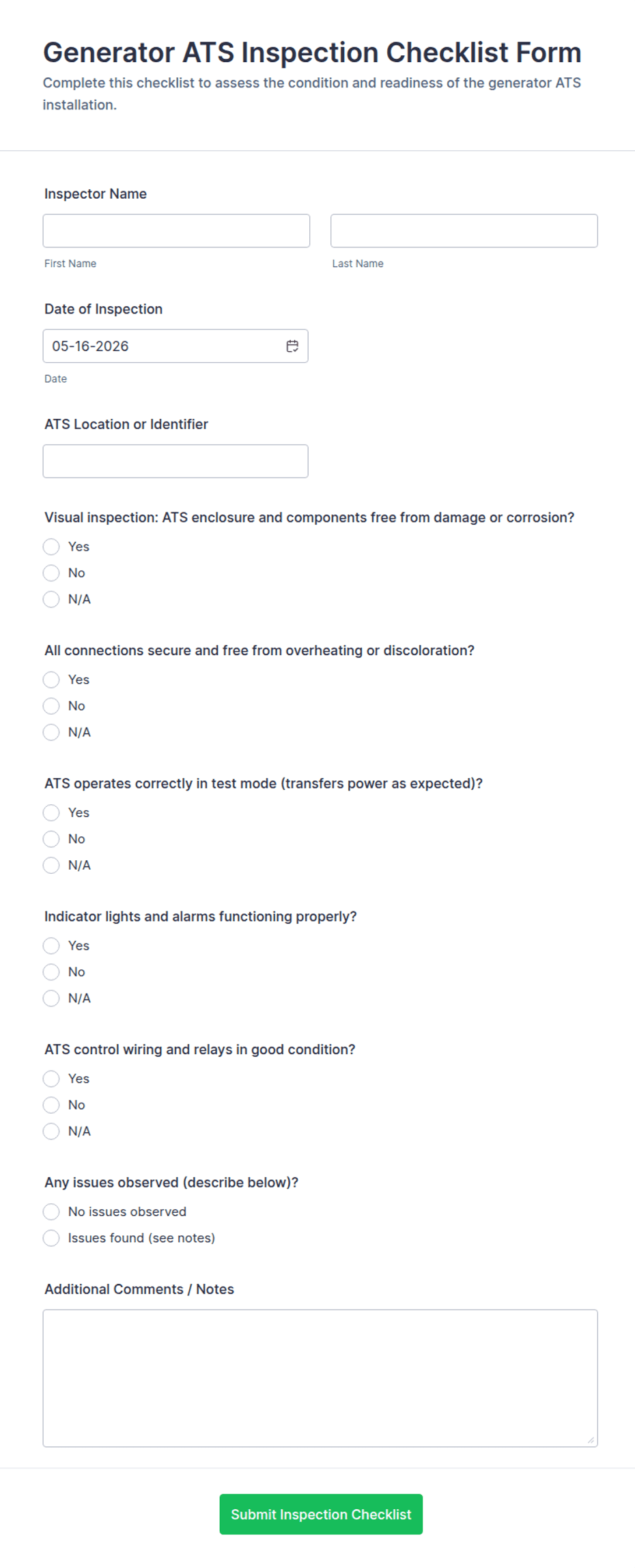 Generator ATS Inspection Checklist Form Template | Jotform