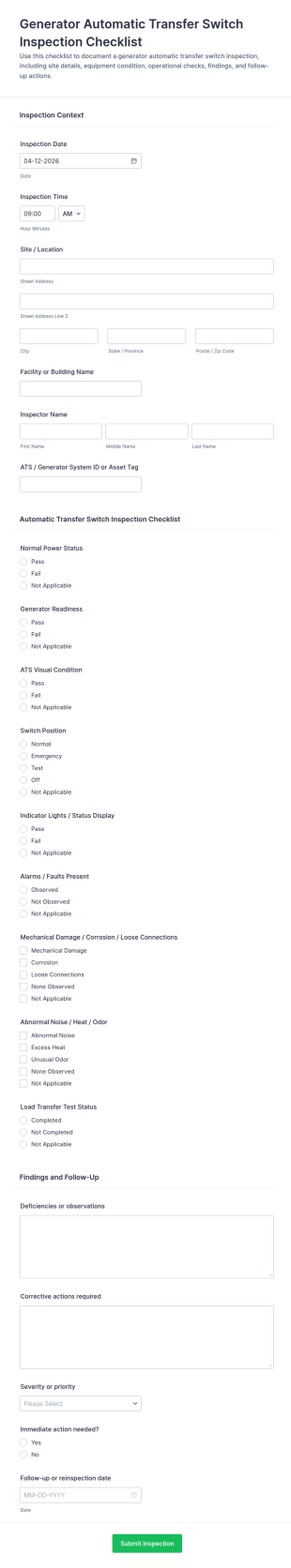 Generator Automatic Transfer Switch Inspection Checklist Form Template