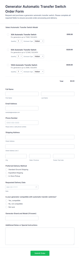 Generator Automatic Transfer Switch Order Form Template