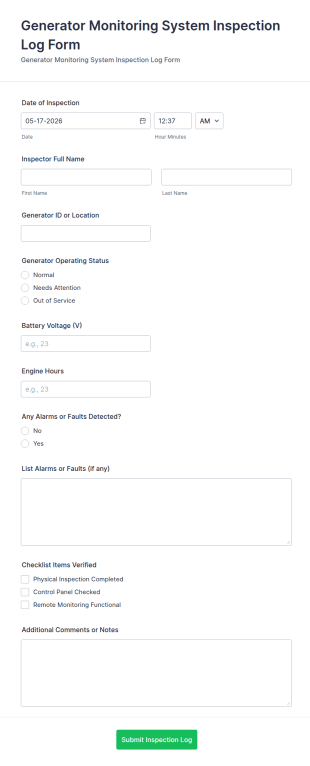 Generator Monitoring System Inspection Log Form Template