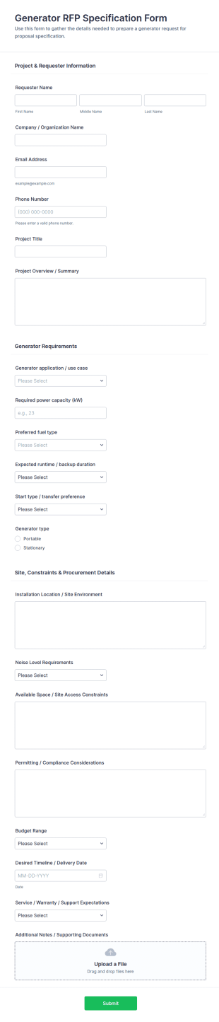 Generator RFP Specification Form Template