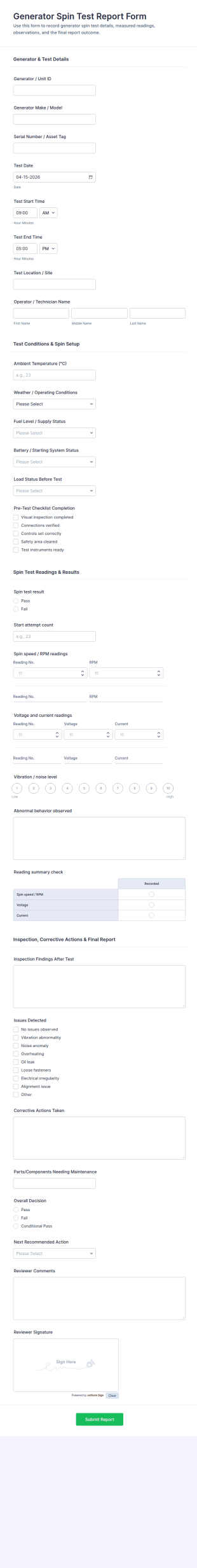 Generator Spin Test Report Form Template