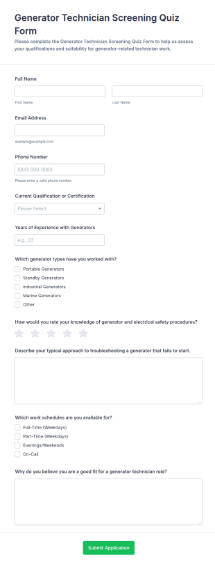 Generator Technician Screening Quiz Form Template