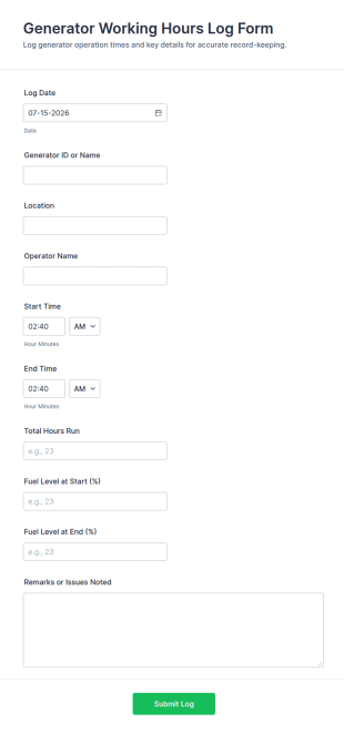 Generator Working Hours Log Form Template