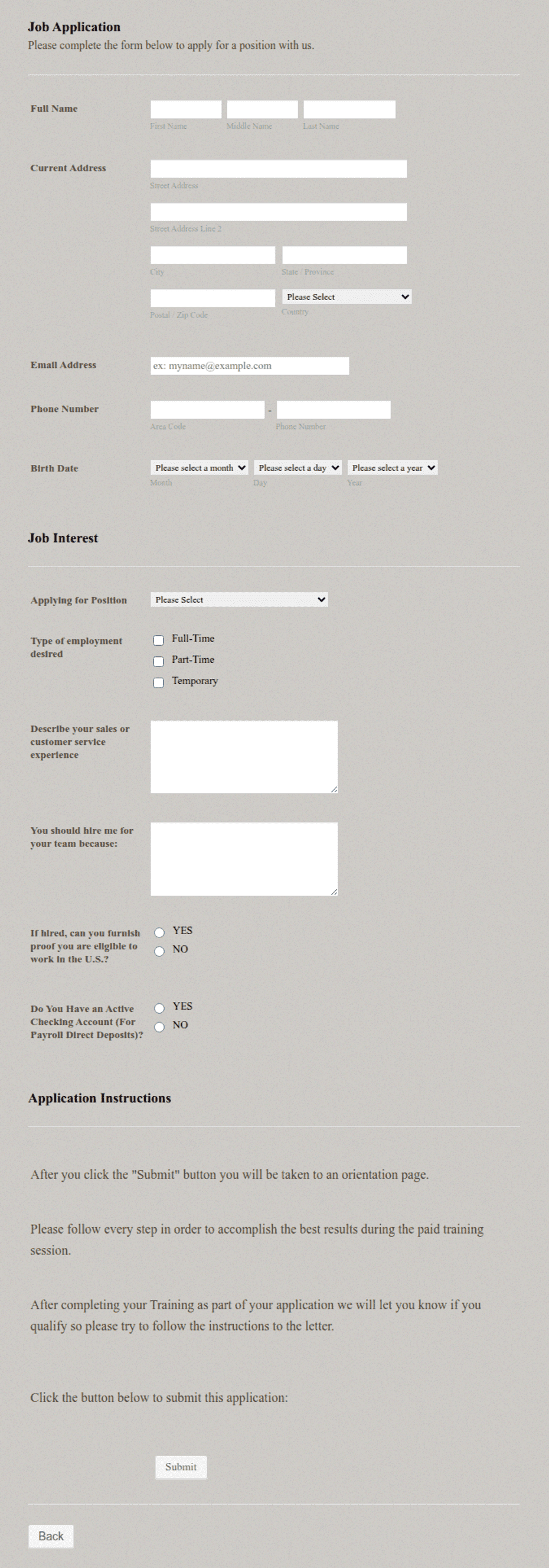 Generic Basic Form Generic Job Application