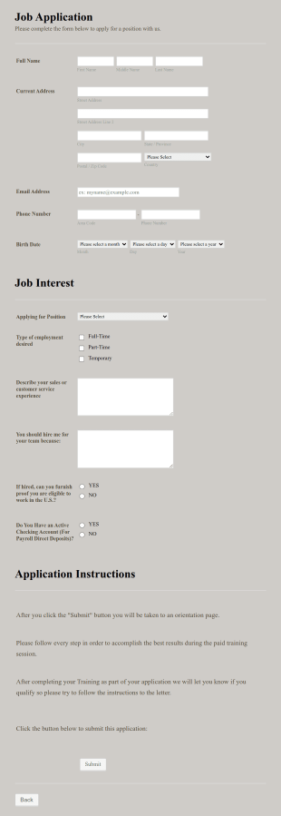 Generic Job Application Form Template