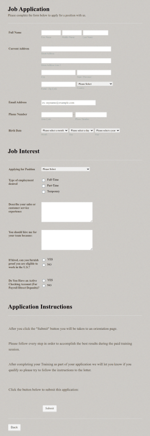 Generic Job Application Form Template