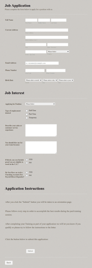 Generic Job Application Form Template