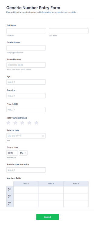 Generic Number Entry Form Template