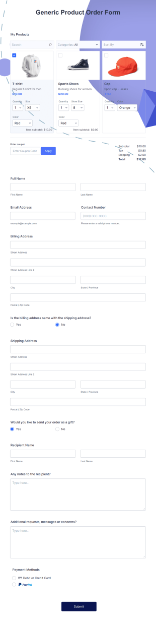 Generic Product Order Form Template