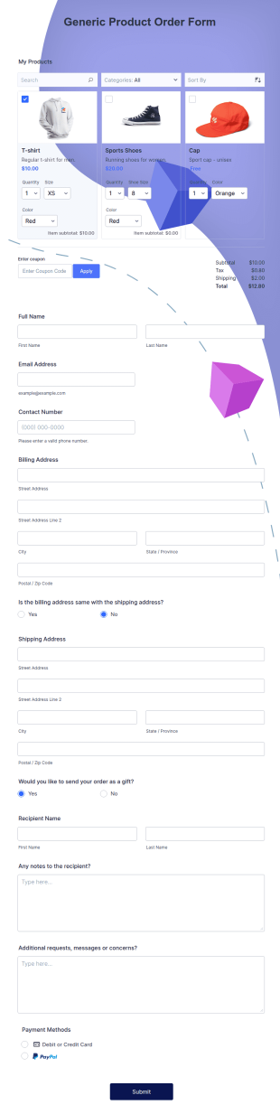 Generic Product Order Form Template