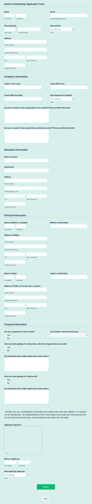 Generic Scholarship Application Form Template