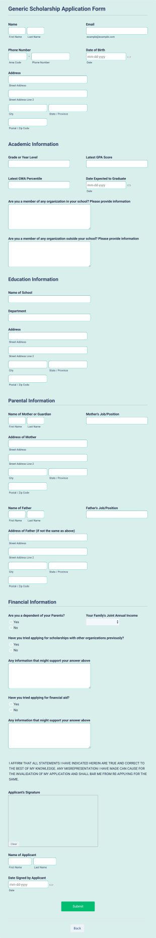 Generic Scholarship Application Form Template