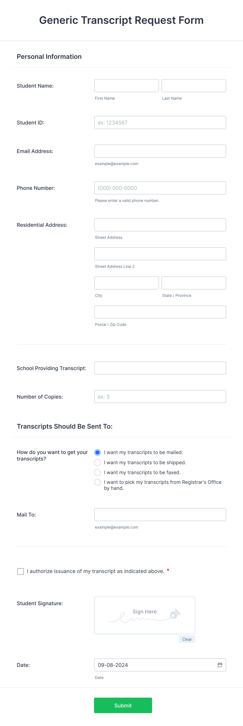 Generic Transcript Request Form Template | Jotform