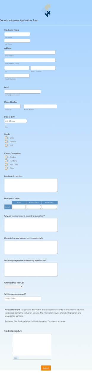 Generic Volunteer Application Form Template