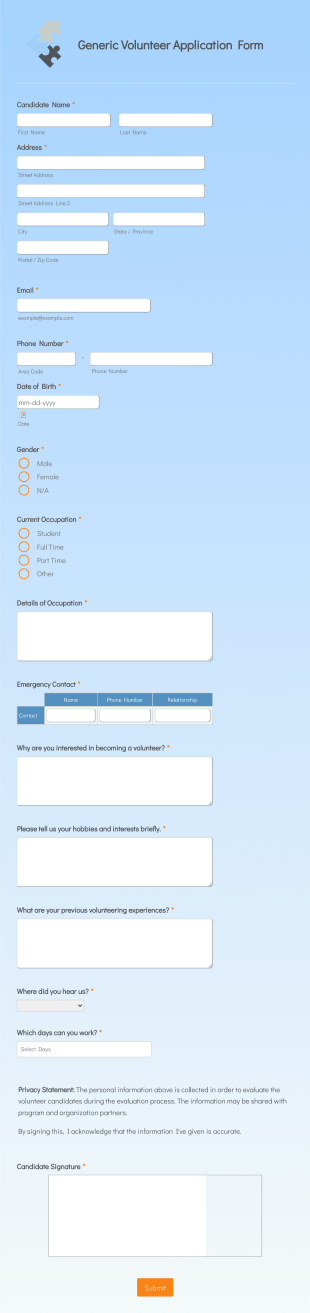 Generic Volunteer Application Form Template