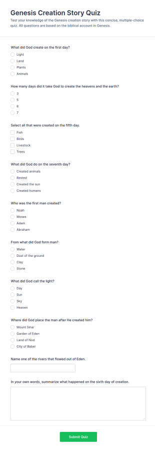 Genesis Creation Story Quiz Form Template