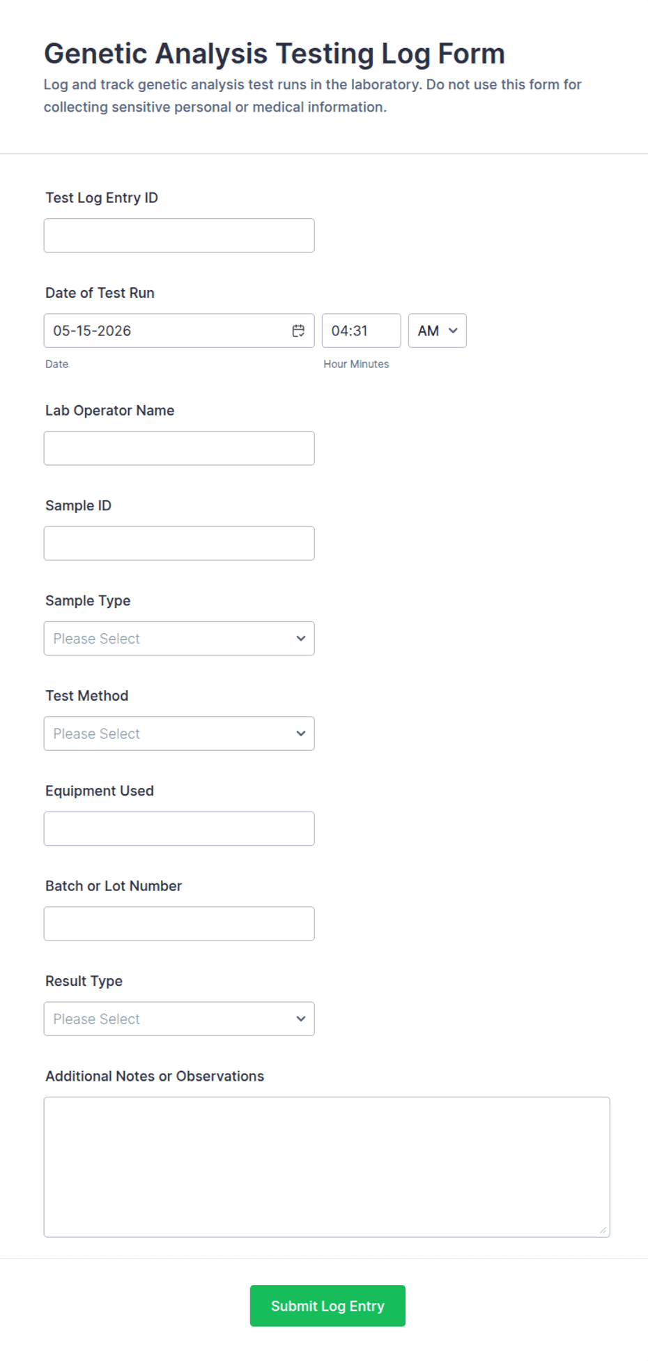 Laboklin Genetic Testing Form Genetic Analysis Testing Log Form Template | Jotform