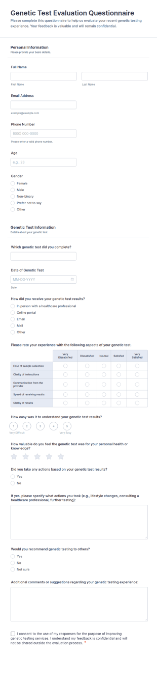 Genetic Test Evaluation Questionnaire Form Template