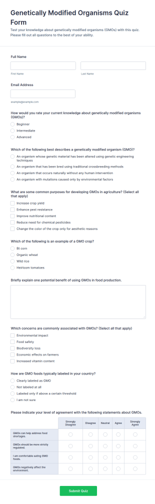 Genetically Modified Organisms Quiz Form Template