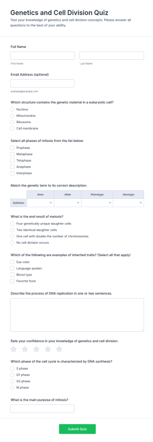 Genetics And Cell Division Quiz Form Template